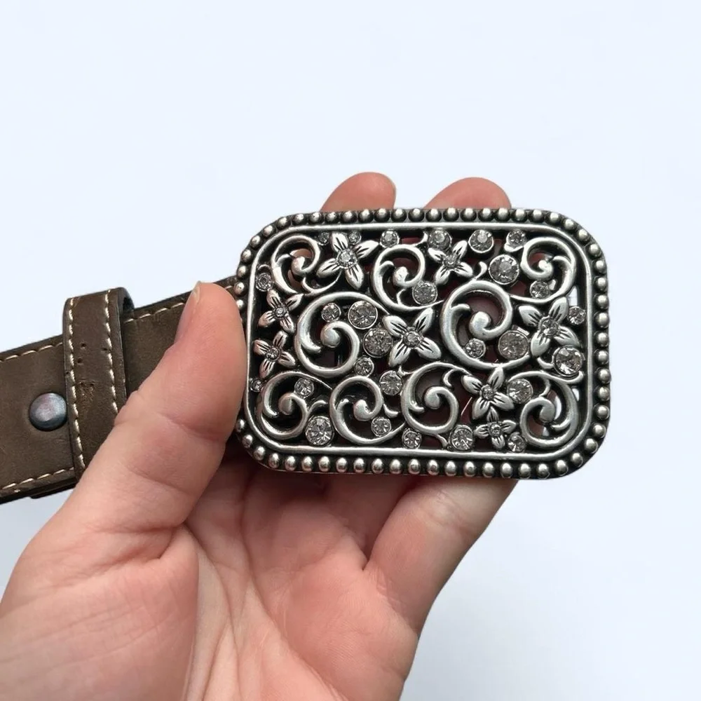 Ariat Brown Leather Floral Embroidered Belt w Large Silver Rhinestone Buckle